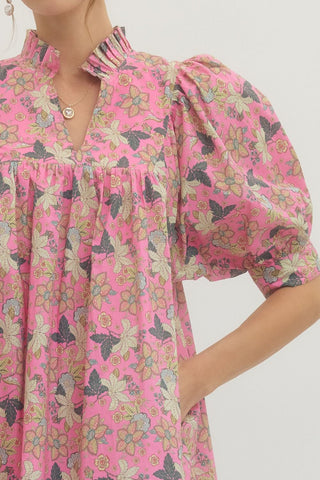 Floral print puff half sleeve mini dress