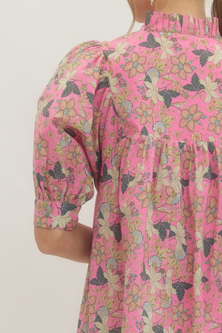 Floral print puff half sleeve mini dress