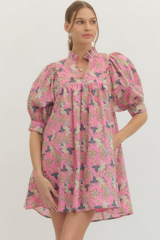 Floral print puff half sleeve mini dress