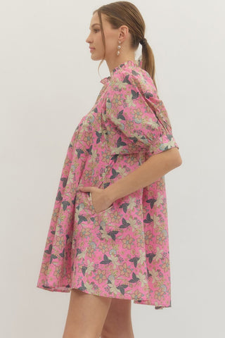 Floral print puff half sleeve mini dress