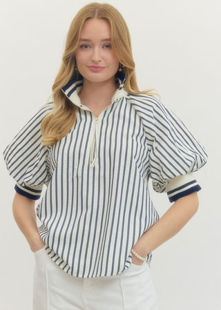 Striped short puff sleeve top featuring contrast ribbed collar