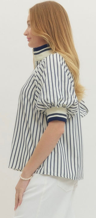 Striped short puff sleeve top featuring contrast ribbed collar