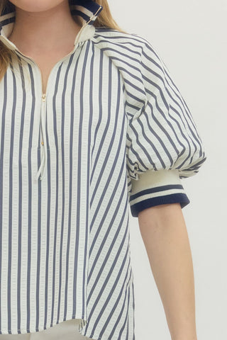 Striped short puff sleeve top featuring contrast ribbed collar