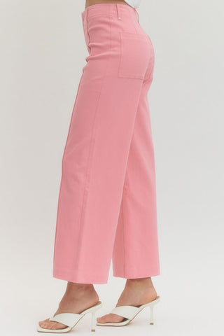 Solid high rise wide leg pants featuring front seam detail