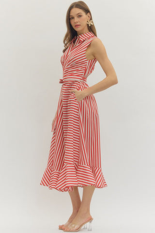 Red Striped Midi Belted Dress With Gold Button