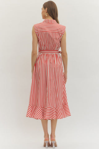 Red Striped Midi Belted Dress With Gold Button