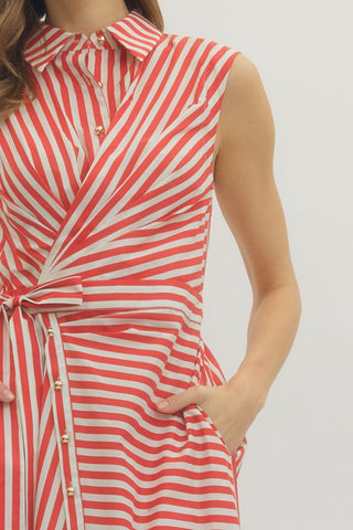 Red Striped Midi Belted Dress With Gold Button