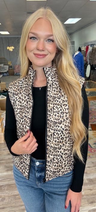 Leopard Puffer Zip Up Vest