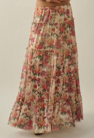 Floral Print Mesh Maxi Skirt