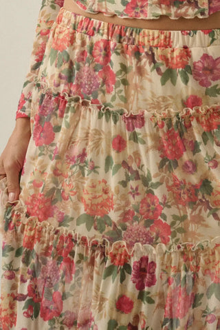 Floral Print Mesh Maxi Skirt