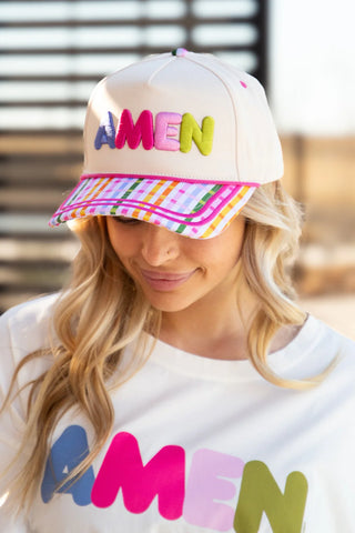 "Amen" On Tan Hat WIth Plaid