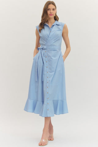 Chambray Wrap Detail Dress With Gold Accent Buttons