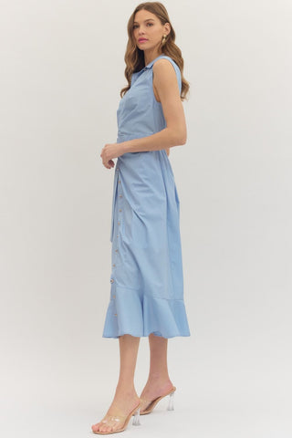 Chambray Wrap Detail Dress With Gold Accent Buttons