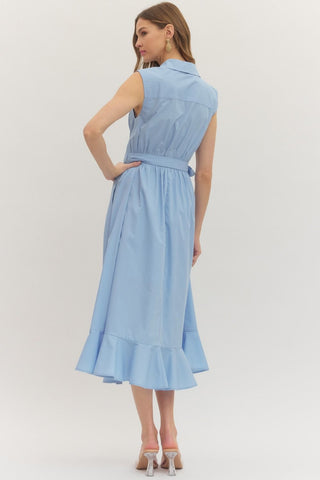 Chambray Wrap Detail Dress With Gold Accent Buttons