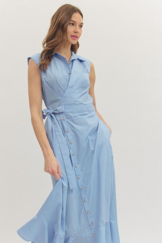 Chambray Wrap Detail Dress With Gold Accent Buttons