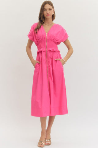 ss midi dress featuring smocked waist with pleated trim detail