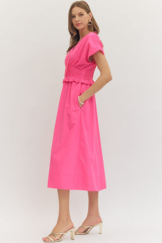 ss midi dress featuring smocked waist with pleated trim detail