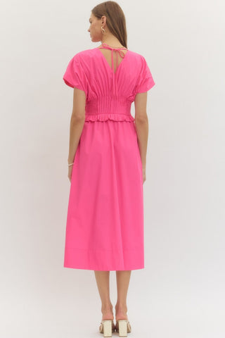 ss midi dress featuring smocked waist with pleated trim detail