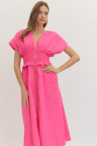 ss midi dress featuring smocked waist with pleated trim detail