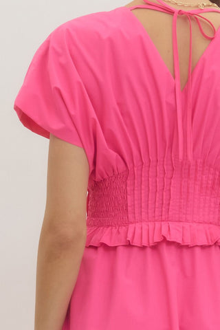 ss midi dress featuring smocked waist with pleated trim detail