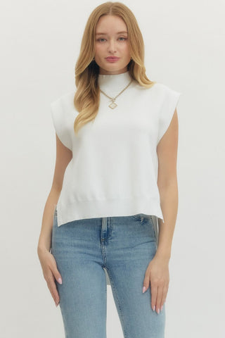 Solid mock neck muscle tee sweater knit hi-lo pullover.