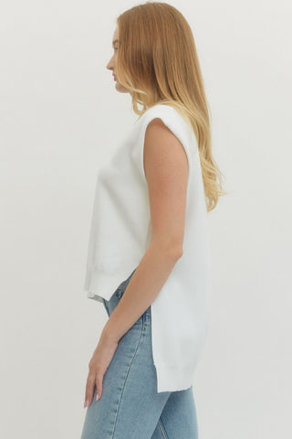 Solid mock neck muscle tee sweater knit hi-lo pullover.