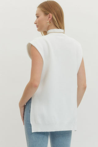 Solid mock neck muscle tee sweater knit hi-lo pullover.