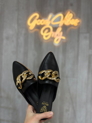 Black Leather Like Loafer Slide With Chain