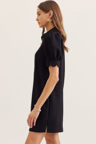 Solid puff sleeve mini dress featuring half zip closure at front