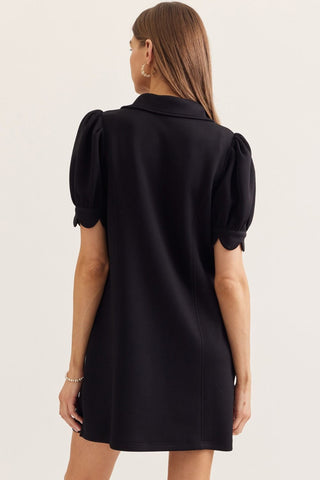 Solid puff sleeve mini dress featuring half zip closure at front