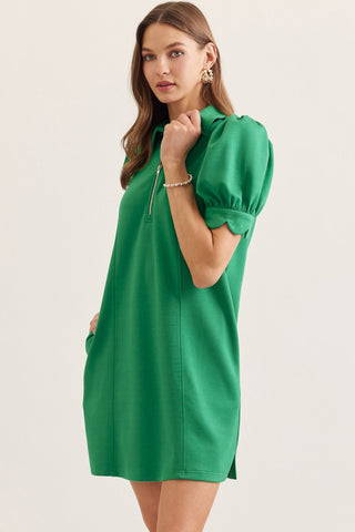 Solid puff sleeve mini dress featuring half zip closure at front
