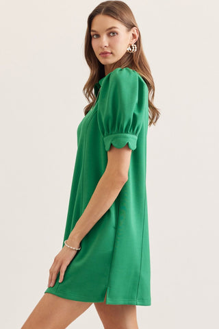 Solid puff sleeve mini dress featuring half zip closure at front