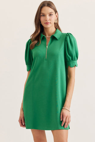 Solid puff sleeve mini dress featuring half zip closure at front