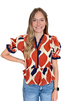 Abstract print short puff sleeve peplum top