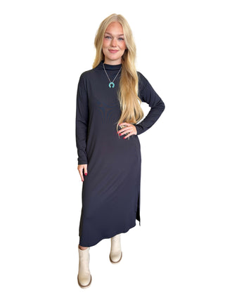 Solid long sleeve midi dress featuring mock neck