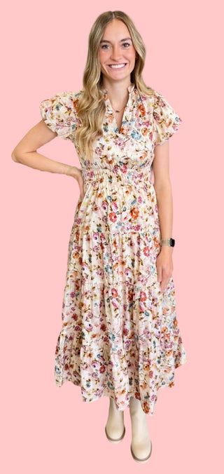 Ecru Floral Print Puff Sleeve Maxi Dress