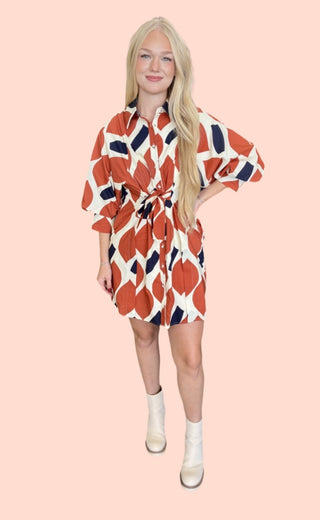 Printed 3/4 sleeve mini dress featuring self-tie waist