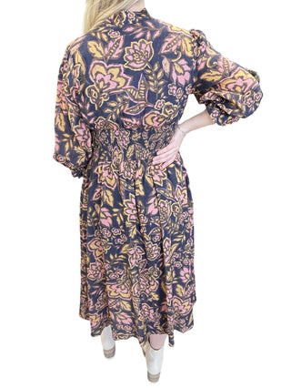 Floral Print Gathered Waist Front Zip Closure Midi Dress