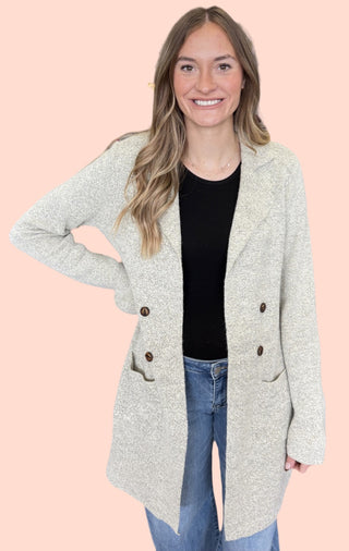 Long Double Breast Knit Coat With Notched Collar and Front Pocket