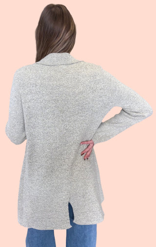 Long Double Breast Knit Coat With Notched Collar and Front Pocket