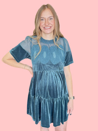 Teal Green Sheer Mesh Panel Velvet Dress