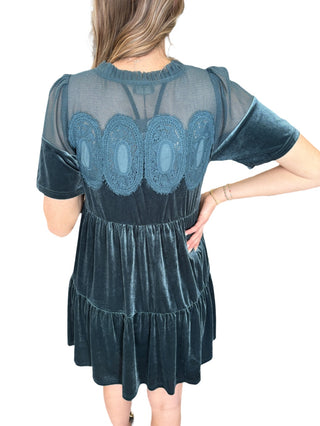 Teal Green Sheer Mesh Panel Velvet Dress