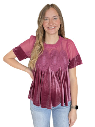 Lace Detail Velvet Babydoll Top