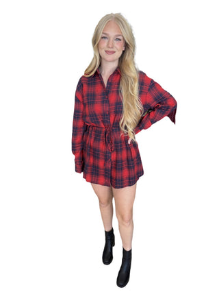 Distressed Plaid Flannel Belted Shirt Romper