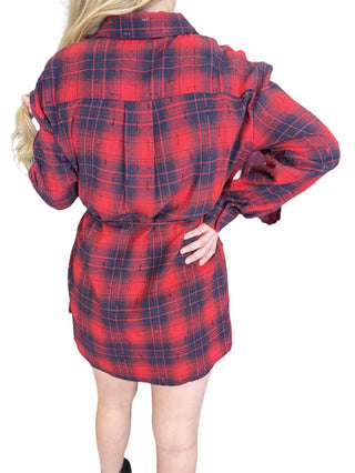 Distressed Plaid Flannel Belted Shirt Romper