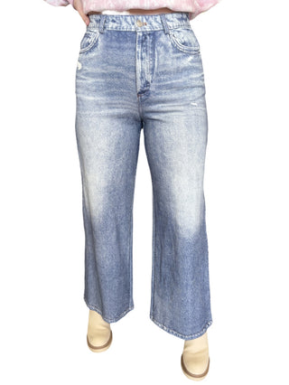 Washed Denim Print Wide Leg French Terry Pants