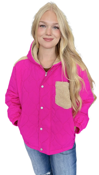 Quilted Puffer Jacket With Hoodie & Sherpa Contrast