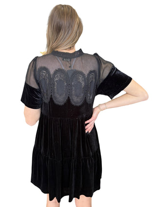 Contrast Sheer Mesh Panel With Lace Detail Velvet Dress