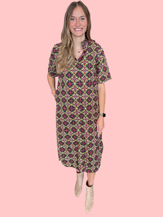 Geometric print short sleeve midi dress featuring button closure at front
