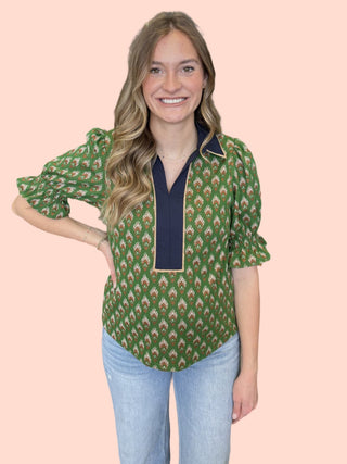 Piping Detailed Collar Retro Inspired Printed Top